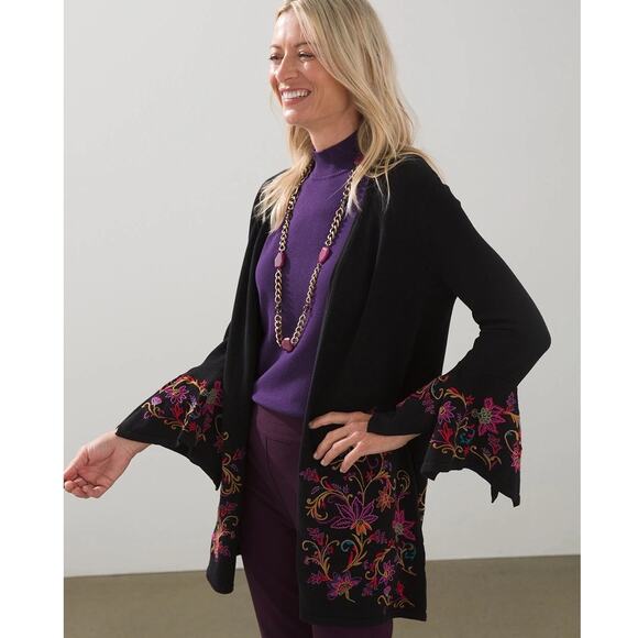 Chicos Sweater Womens S Black Embroidered Floral Bell Sleeve Whimsigoth Cardigan - Picture 1 of 12
